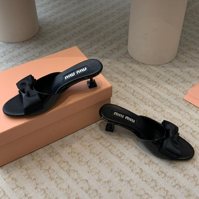 Black Mid - Heels With Black Bow Calfskin