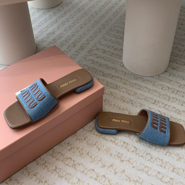 Women's Caramel Denim Slippers With Azure Blue Straps