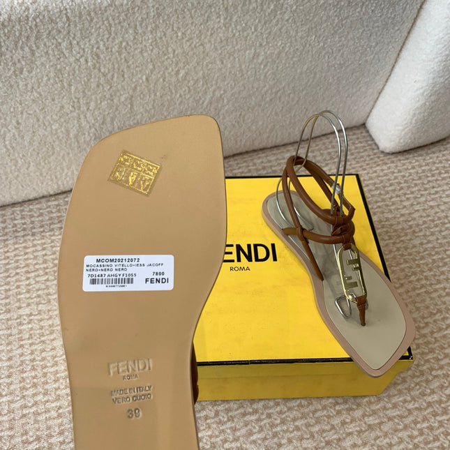 FENDI O'LOCK THONG SANDAL BROWN CALFSKIN WITH GOLD HARDWARE