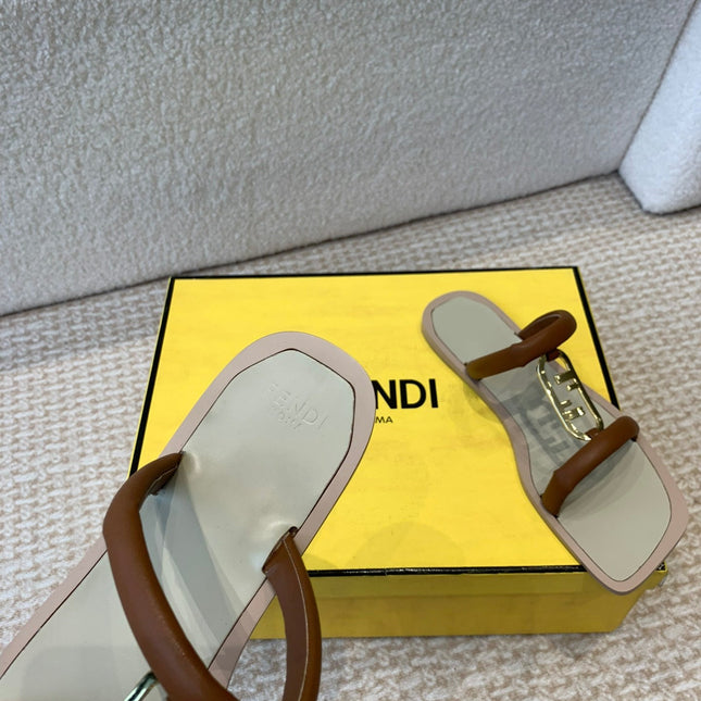 FENDI O'LOCK SLIDES BROWN CALFSKIN WITH GOLD HARDWARE