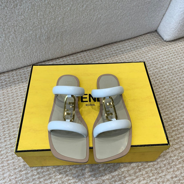 FENDI O'LOCK SLIDES WHITE CALFSKIN WITH GOLD HARDWARE