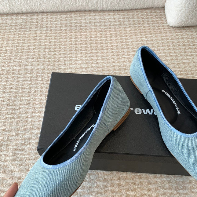 SQUARE-TOE BALLET FLAT IN LIGHT BLUE DENIM FABRIC