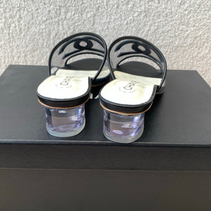 SLIDE SANDALS IN BLACK LAMBSKIN WITH TRANSPARENT PVC
