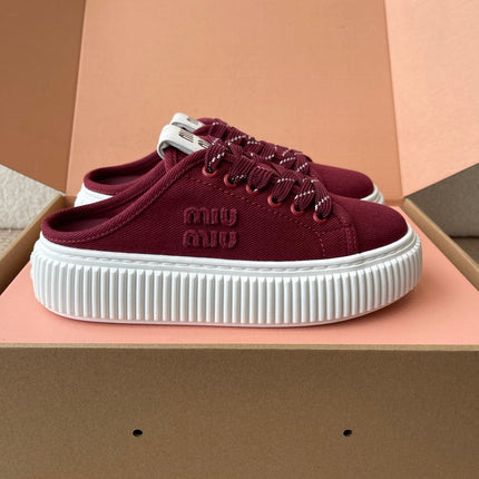 WASH SNEAKER MULES IN BURGUNDY RED DENIM STRIPED LACES