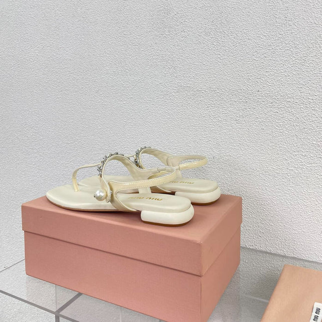 Pearl Chain Flip-Flops Apricot Color Leather