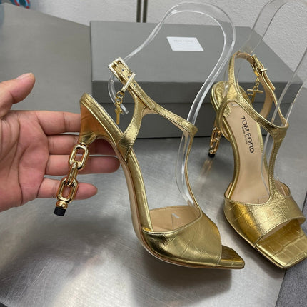 HIGH-HEELED T-STRAP SANDAL IN GOLD CALFSKIN