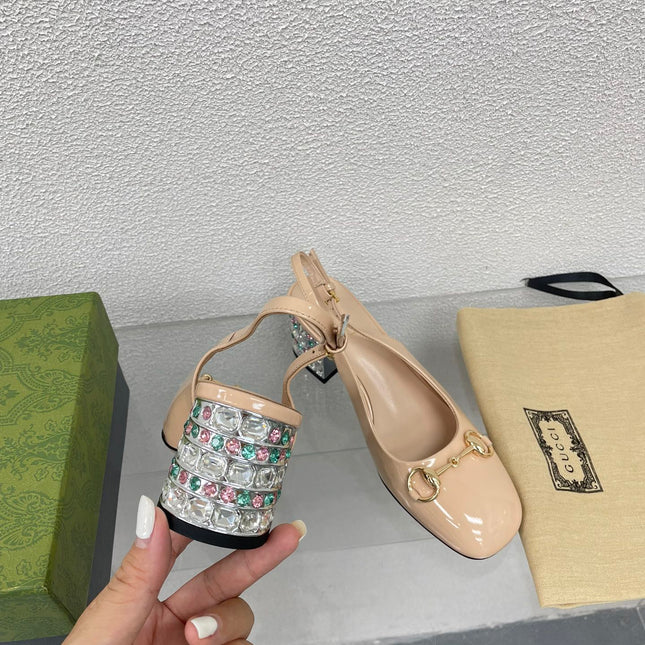 GG WOMEN'S HORSEBIT SLINGBACK IN TAN BEIGE CALFSKIN WITH RHINSTONES