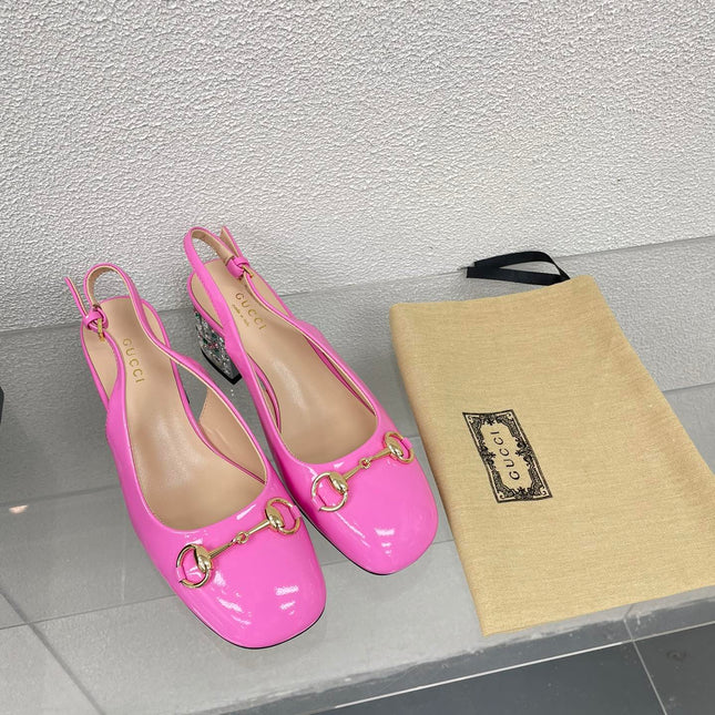 GG WOMEN'S HORSEBIT SLINGBACK IN FUSCIA PINK CALFSKIN WITH RHINSTONES