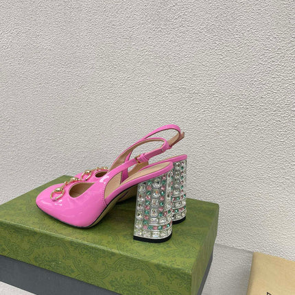 GG WOMEN'S HORSEBIT SLINGBACK 95MM IN FUSICA PINK CALFSKIN WITH RHINSTONES