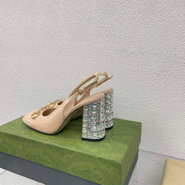 GG WOMEN'S HORSEBIT SLINGBACK 95MM IN TAN BEIGE CALFSKIN WITH RHINSTONES