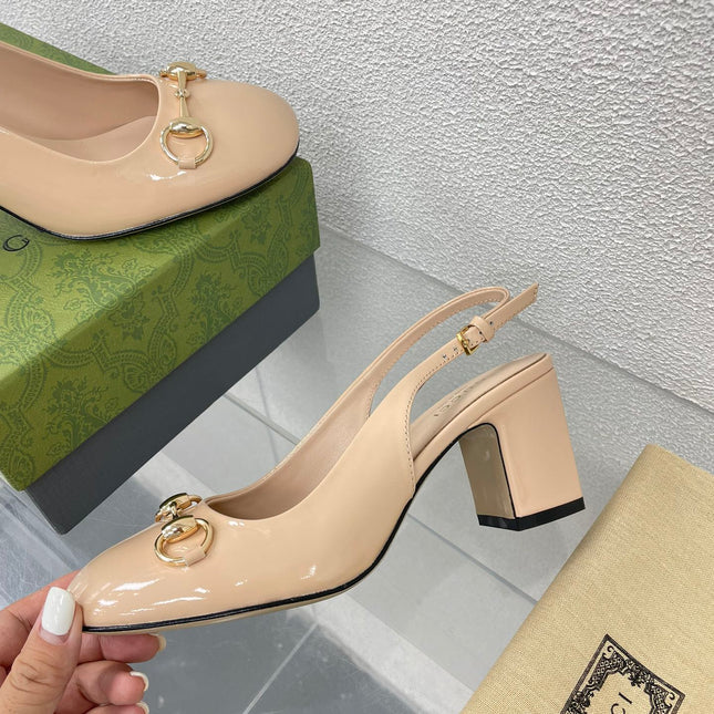 GG WOMEN'S HORSEBIT SLINGBACK 75MM IN TAN BEIGE CALFSKIN