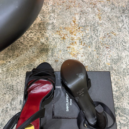 YSL 26S WOVEN-STRAP HIGH-HEEL SANDALS 130 MM IN BLACK SATIN