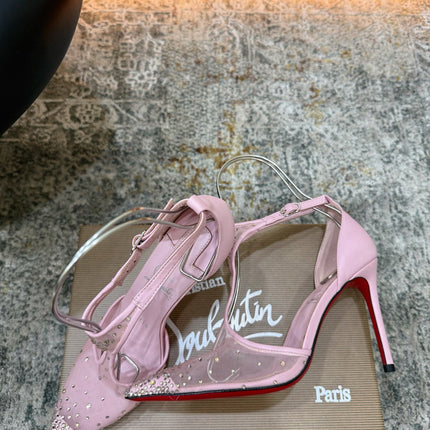 CHRISTIAN LOUBOUTIN 26S T-STRAP PUMPS 100 MM IN LIGHT PINK MESH RHINESTONE EMBELLISHMENTS