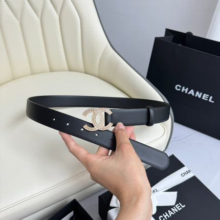 CC BELT 30MM IN BLACK SMOOTH CALFSKIN GOLD HARDWARE ATTACH RHINSTONES