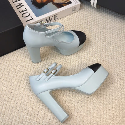 FLATFORM SANDAL IN LIGHT BLUE CALFSKIN AND BLACK FABRIC