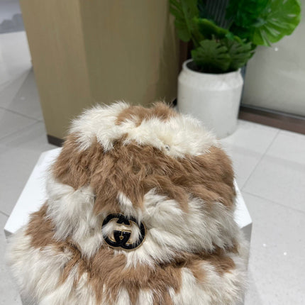 BUCKET HAT IN MEDIUM BROWN MIX WHITE RABBIT FUR 404638