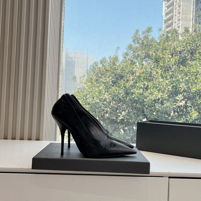 ZIPPER POINTED-TOE HIGH PUMPS IN BLACK WAX-OIL SHEEPSKIN