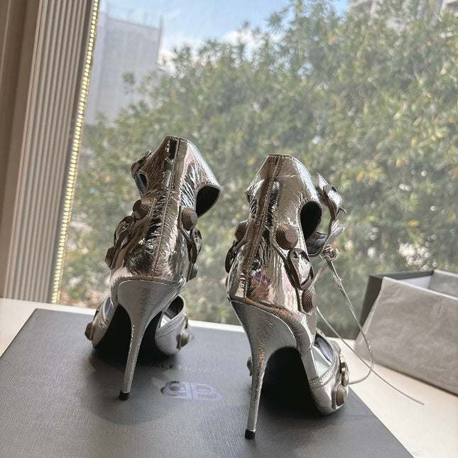 CAGOLE HIGH-HEEL SANDALS IN SILVER METALLIC LAMBSKIN