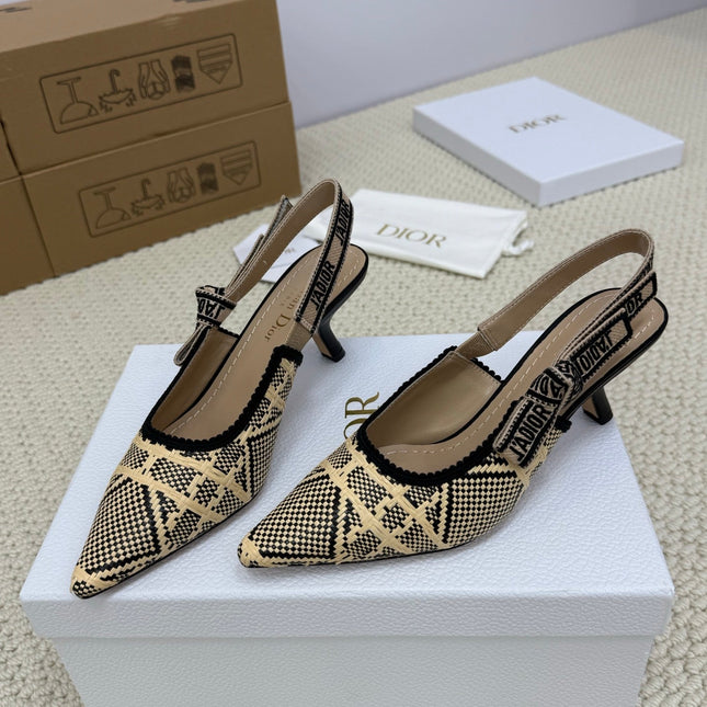 DIOR HIGH SLINGBACK 65 MM 25S IN BLACK AND BEIGE RAFFIA