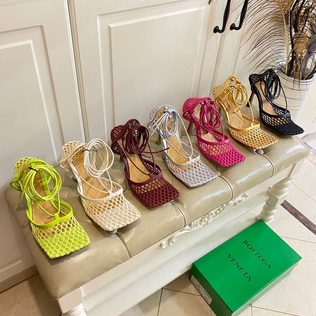 STRETCH LACE-UP SANDAL IN BRIGHT PINK METALLIZED MESH AND LEATHER 9 CM
