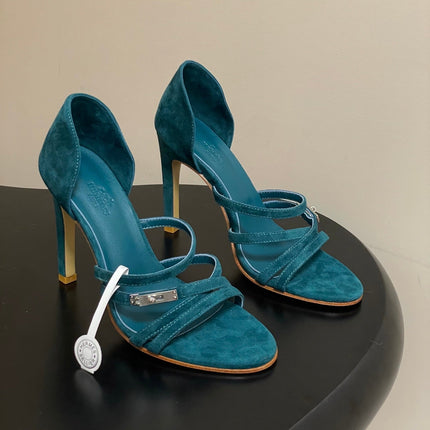 HM 25S HIGH-HEEL SANDAL 105 MM IN DARK BLUE SUEDE