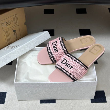 DIOR 26S FLAT SLIDE SANDALS IN PINK RAFFIA