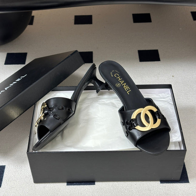 CHANEL 26S HIGH HEEL MULE IN BLACK LAMBSKIN WITH GOLD TONE CC LOGO