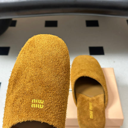 MIUMIU 26S MULE LOAFERS IN TAN BROWN SUEDE LOGO