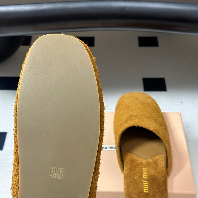 MIUMIU 26S MULE LOAFERS IN TAN BROWN SUEDE LOGO