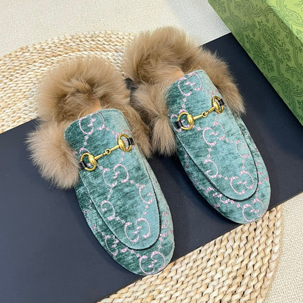 HORSEBIT MULE IN TURQUOISE MONOGRAM VELVET AND LAMB WOOL LINING