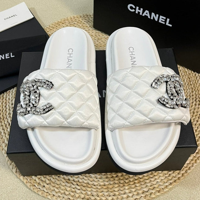 New Style Diamond Buckle Double C Thick Bottom Slippers White Sheepskin