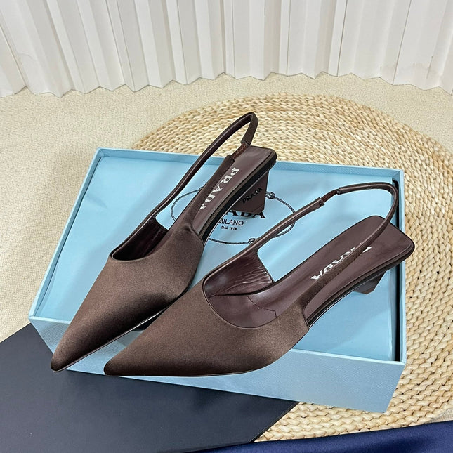 PRA POINTED TOE SLINGBACK PUMPS CHOCOLATE SATIN