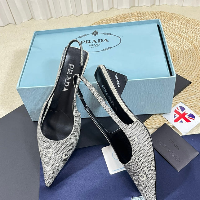 PRA POINTED TOE SLINGBACK PUMPS SNAKESKIN MOTIF SATIN