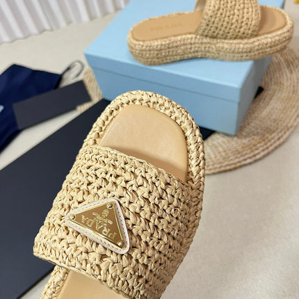 PRA CROCHET FLATFORM SLIDES BEIGE RAFFIA