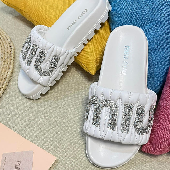 White Sheepskin Diamond Slippers