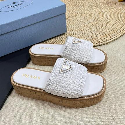 PRA WEDGE FLATFORM SLIDES WHITE RAFFIA