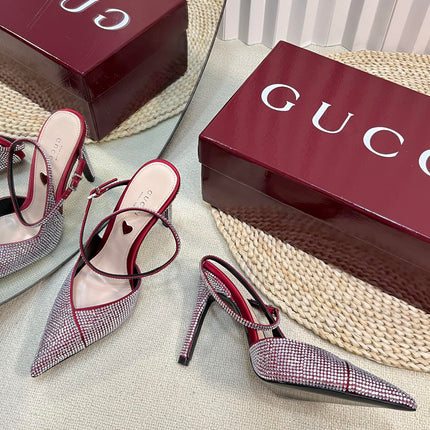 HIGH SLINGBACK 10 CM IN CHERRY RED SILK WITH FULL RHINSTONES