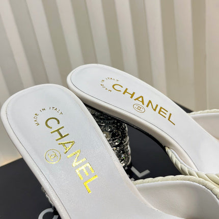 CHANEL 26S EMBELLISHED HEELED SANDALS 80 MM IN WHITE LAMBSKIN