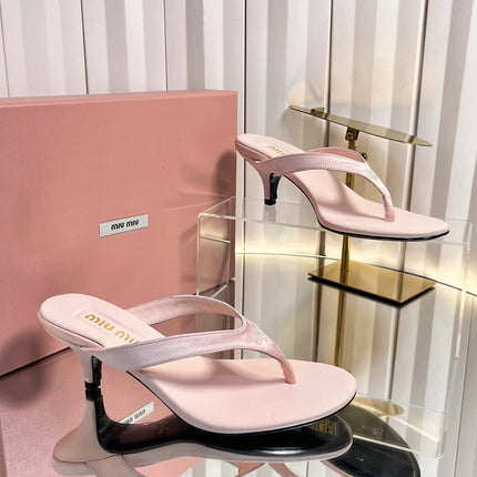 MIUMIU 26S THONG HEELED SANDALS 50 MM IN LIGHT PINK LAMBSKIN AND SATIN