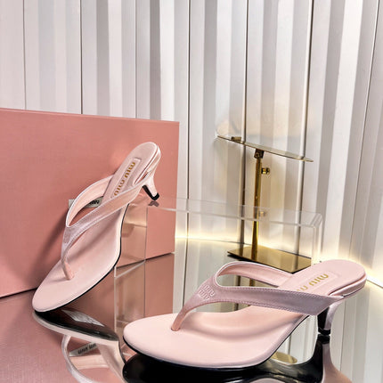 MIUMIU 26S THONG HEELED SANDALS 50 MM IN LIGHT PINK LAMBSKIN AND SATIN