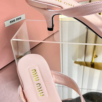 MIUMIU 26S THONG HEELED SANDALS 50 MM IN LIGHT PINK LAMBSKIN AND SATIN