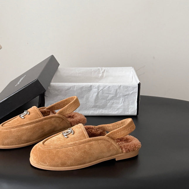 CHANEL 26S SLINGBACK LOAFERS IN BROWN SUEDE AND SHEARLING LINING