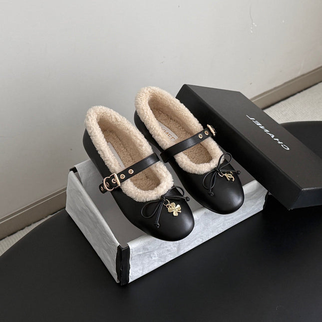 CHANEL 26S MARY JANE FLATS IN BLACK LAMBSKIN AND SHEARLING