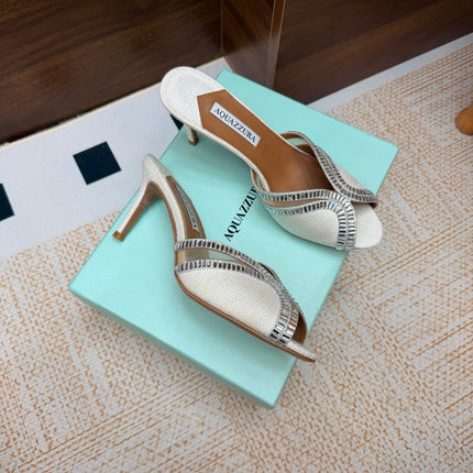 AQUAZZURA 26S HEELED SANDALS 75 MM IN WHITE RAFFIA TEXTURE