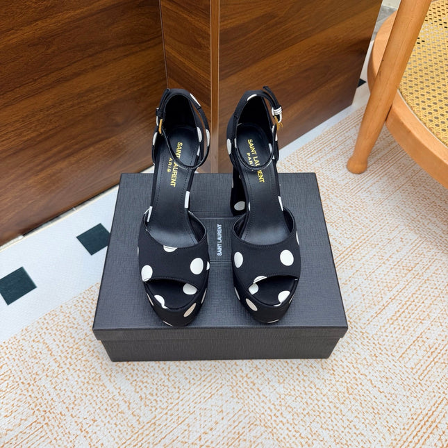 YSL 26S HEEL SANDALS 125 MM IN BLACK & WHITE POLKA-DOT SATIN