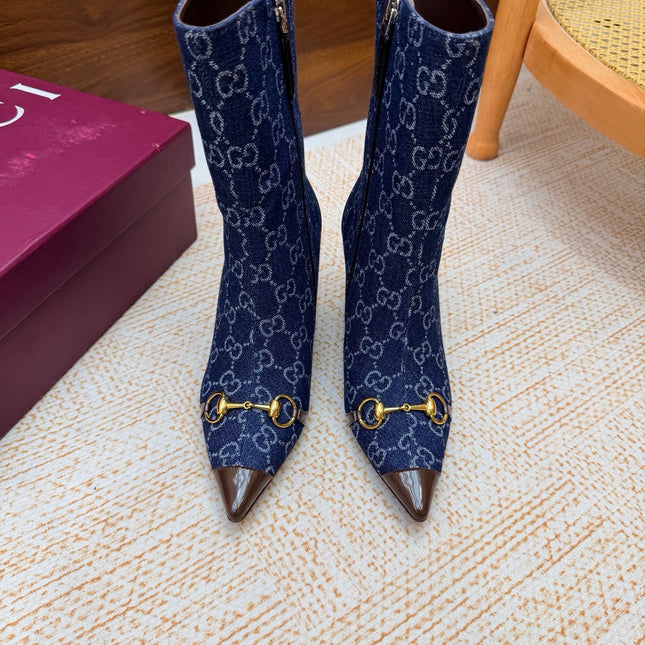 GUCCI 26S ANKLE BOOTS 85 MM IN BLUE DENIM AND BROWN CALFSKIN