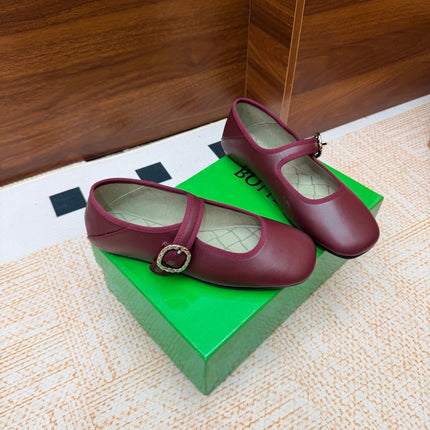 BOTTEGA VENETA 26S MARY JANE FLATS IN DARK RED LAMBSKIN WITH BUCKLE