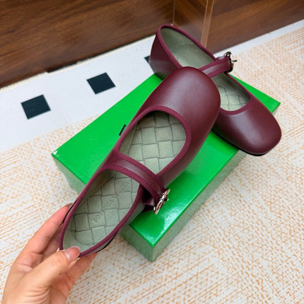 BOTTEGA VENETA 26S MARY JANE FLATS IN DARK RED LAMBSKIN WITH BUCKLE