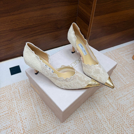 JIMMY CHOO 26S CUTOUT HEELS 65 MM IN CREAM WHITE LACE WITH METAL TOE CAP