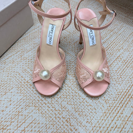 JIMMY CHOO 26S HEEL SANDALS 100 MM IN LIGHT PINK FLORAL LACE PEARL EMBELLISHED